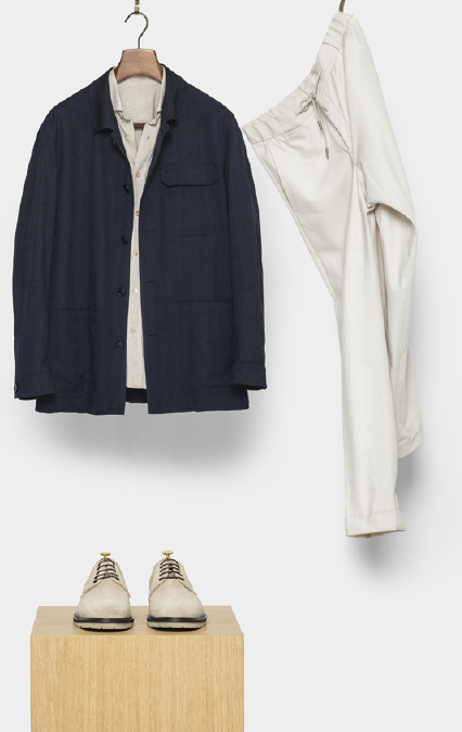 Вариант сочетания пиджака с белыми брюками (на кулиске)